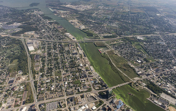 View of Toledo in September 2017, showing an algae bloom where Lake Erie meets the Maumee River.